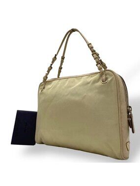 Prada Triangle Logo Nylon Leather Handbag Beige Gold
